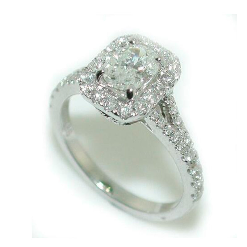 1.18CT TW Oval Diamond Engagement Ring In 14K WG In Rectangular Halo Mounting